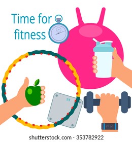 Color flat icons with long shadow fitness. Colored vector illustration
