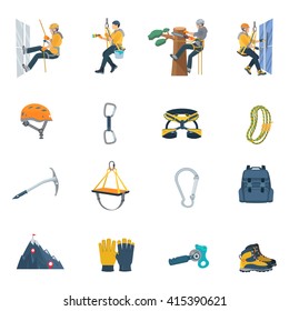 Color flat icons set of climbing equipment ofr industrial alpinism vector illustration