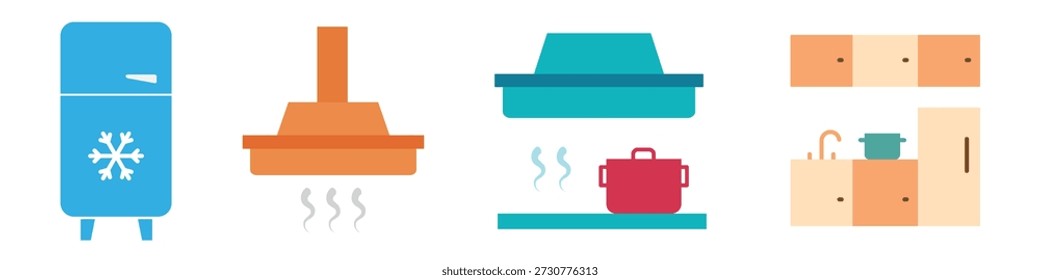 Color flat icons set of kitchen appliances and furniture including blue refrigerator, orange cooker hood, stove with red pot, sink and cabinets. Clean modern design isolated on white background.