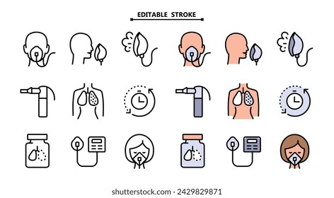 Color flat icons set of nebulizers of different types. Editable stroke. Healthcare symbol isolated on white background. Vector simple collection.