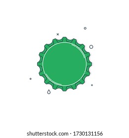 Color flat illustration with a bottle cap on a white background. Green cover metal cork. Isolated element. Line art design. Top view. Outline a single drink object. Vector.