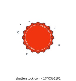 Color flat illustration with a bottle cap on a white background. Red cover metal cork. Isolated element. Line art design. Top view. Outline a single drink object. Vector.