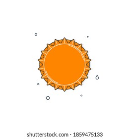 Color flat illustration with a bottle cap on a white background. Yellow cover metal cork. Isolated element. Line art design. Top view. Outline a single drink object. Vector.