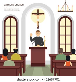 Color flat illustration depicting catholic church priest and crucifix vector illustration