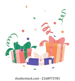 Color flat illustration of gift boxes and falling confetti. Vector illustration for a birthday, corporate party or receiving a surprise. Isolated on white