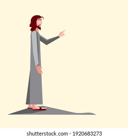 color flat illustration of Jesus Christ with a raised hand and a pointing finger, the bearded man in a gray robe