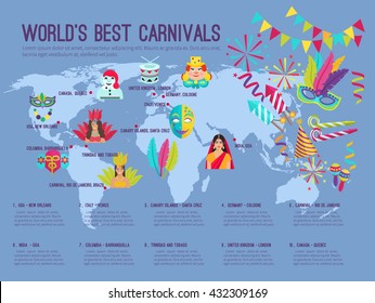 Color flat infographic depicting on the map worlds best carnivals with icons vector illustration