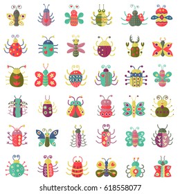 Color flat insects icons set. Simple flat Butterfly, bugs collection.