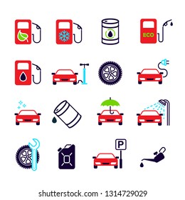 Color flat isolated vector icons set for site - gas station, eco petrol, winter gasoline, oil, tire fitting, charging, car wash, service, parking, cleaning, tire inflation.