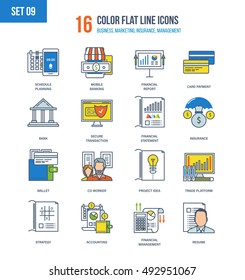 Color Flat Line icons set of financial management, accounting, mobile banking and payment types, strategy and planning, design, trading platforms, financial report. Editable Stroke.