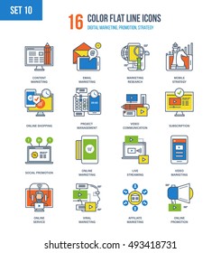 Color Flat Line icons set of marketing research, online services and internet promotion, project management and strategy, video and broadcasting. Editable Stroke.