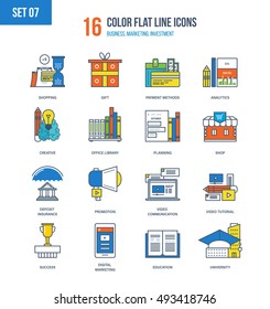 Color Flat Line icons set of education and office library, analytics and planning, creativity, shop and payment methods, video technology and digital marketing, insurance. Editable Stroke.