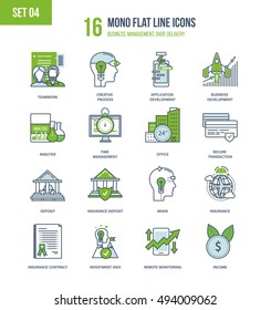 Color Flat Line icons set of insurance and investing, deposits, financial development, monitoring and time management, teamwork and protection of transactions, business development. Editable Stroke.