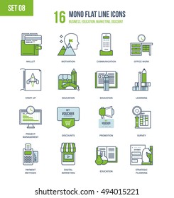 Color Flat Line icons set of strategic planning and development, education and office work, methods of payment and digital marketing, motivation and communication, start-up. Editable Stroke.