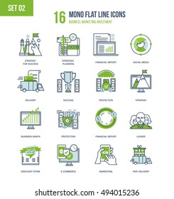 Color Flat Line icons set of strategic planning, business and financial reporting, marketing, e-commerce, shopping and financial protection, successe and leadership. Editable Stroke.