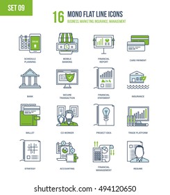 Color Flat Line icons set of financial management, accounting, mobile banking and payment types, strategy and planning, design and insurance, trading platforms, financial report. Editable Stroke.
