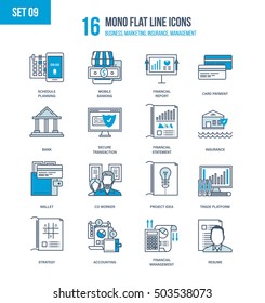 Color Flat Line icons set of financial management, accounting, mobile banking and payment types, strategy and planning, design and insurance, trading platforms, financial report. Editable Stroke.