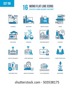 Color Flat Line icons set of insurance, types of insurance, investment and management, education, learning and research, management and planning, design and workplace. Editable Stroke.