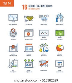 Color Flat Line icons set of seo and data safety, technology, promotion, analytics, market research, monitoring, security. Vector illustration. Editable Stroke