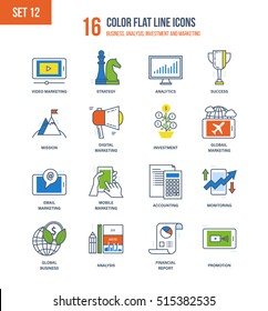 Color Flat Line icons set of business, accounting and monitoring, analysis and analytics, investment and marketing. Vector illustration. Editable Stroke
