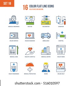 Color Flat Line icons set of healthcare and medicine, medical and health insurance, education, research, medical hospital and laboratory, mobile first aid and online diagnosis. Editable Stroke.