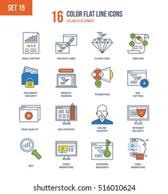 Color Flat Line icons set of seo and data safety, development, technology, analytics search information and website SEO optimization, marketing, security, support. Editable Stroke