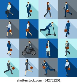 Color Flat Long Shadow Icons Set Of People Go To Work On Foot And Using Transport Isolated Vector Illustration