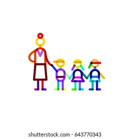 Color flat minimal style vector icon for web. Kindergarten, group educator, and three children are holding hands