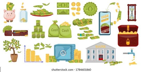 Color Flat Money Set vector, safe, coins, cash, investments, moneybox, wallet, dollar, cent, euro, pound sterling, generic currency symbol