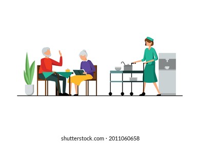 Color flat nursing home characters composition with nurse delivers food to an elderly couple at lunchtime vector illustration