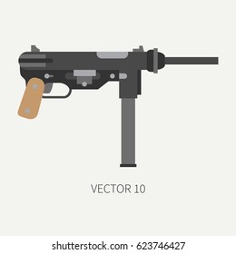 Color flat plain vector military icon machine gun. Army equipment and armament. Legendary retro weapon. Cartoon style. Assault. Soldiers. Slug. War. Illustration and element for design and wallpaper.