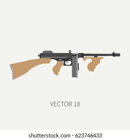 Color flat plain vector military icon machine gun. Army equipment and armament. Legendary retro weapon. Cartoon style. Assault. Soldiers. Slug. War. Illustration and element for design and wallpaper.