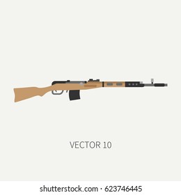 Color flat plain vector military icon rifle carbine. Army equipment and armament. Legendary retro weapon. Cartoon style. Assault. Soldiers. Slug. War. Illustration and element for design and wallpaper