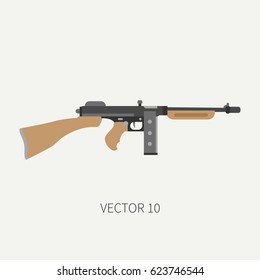 Color flat plain vector military icon machine gun. Army equipment and armament. Legendary retro weapon. Cartoon style. Assault. Soldiers. Slug. War. Illustration and element for design and wallpaper.