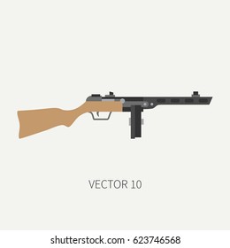 Color flat plain vector military icon machine gun. Army equipment and armament. Legendary retro weapon. Cartoon style. Assault. Soldiers. Slug. War. Illustration and element for design and wallpaper.