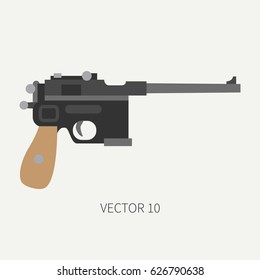 Color flat plain vector military icon handgun pistol. Army equipment and armament. Legendary retro weapon. Cartoon style. Assault. Soldier. Slug. War. Illustration and element for design and wallpaper