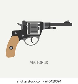 Color flat plain vector military icon revolver pistol. Army equipment and armament. Legendary retro weapon. Cartoon style. Assault. Soldier. War. Illustration and element for your design and wallpaper