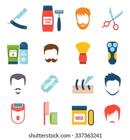 Color  flat set icons of shave with barber equipment and personal hygiene accessories isolated vector illustration