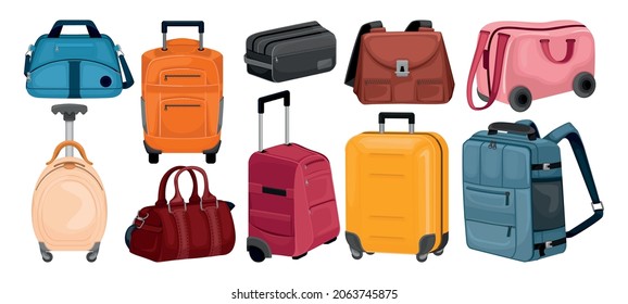Color flat set of trip bags and touristic suitcases on wheels on white background isolated vector illustration