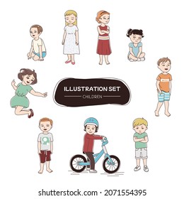 Dibujo de dibujos animados con estilo y plano a color de los niños de preescolar en diferentes polos y diversas emociones