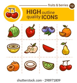 Color flat stickers of fruits and berries, vector set.