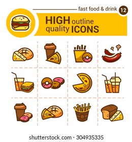 Color flat stickers and icons of fast food, vector set.