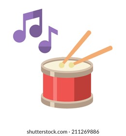 Color flat style drum icon, drumsticks and musical note, design for logo, sticker, web, mobile app, badges and patches. Isolated vector illustration.