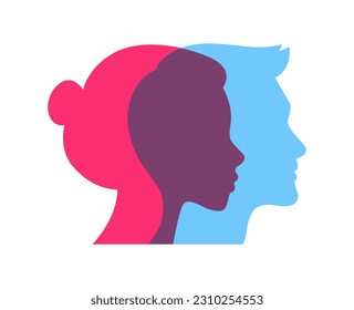 Colección de iconos de estilo plano de color. Ilustración vectorial. Símbolo de perfil de pareja de perfil de hombre azul y hembra rosada aislado en fondo blanco. Elemento de diseño para relación, boda, familia