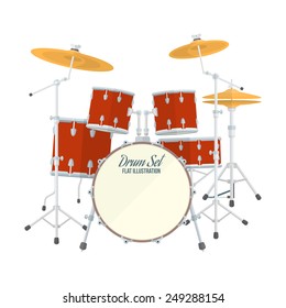 color flat style vector drum set on white background bass tom-tom ride cymbal crash hi-hat snare stands 