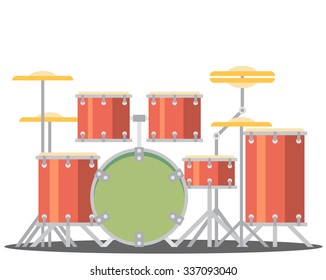 color flat style vector drum set on white background bass tom-tom ride cymbal crash hi-hat snare stands