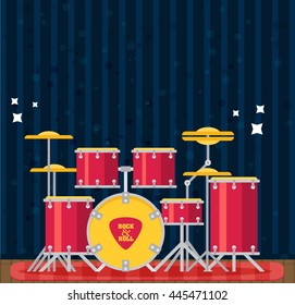 Color flat style vector drum set. Bass tom-tom ride cymbal crash hi-hat snare stands