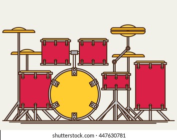Color flat style vector drum set. Bass tom-tom ride cymbal crash hi-hat snare stands