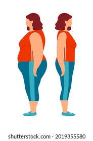 Ilustración vectorial de estilo plano de color. La chica gorda está de perfil. Niña después de perder peso. Cartel de pérdida de peso.