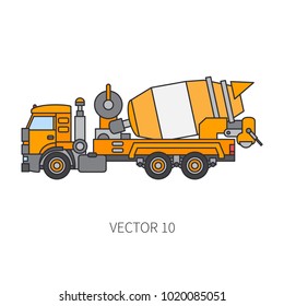 Color flat vector icon construction machinery truck cement mixer. Industrial retro style. Corporate cargo delivery. Commercial transportation. Building business. Engineering. Concrete. Illustration.